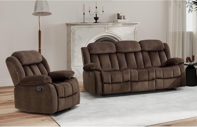 Living Room Set Chocolate Brown Overstuffed Manual Reclining Traditional Sofa