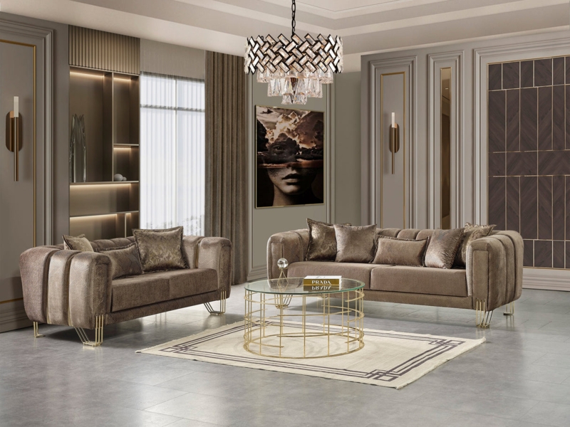 Living Room Set Coffee Velvet Diamond Tufting and Gold Nailhead Trim
