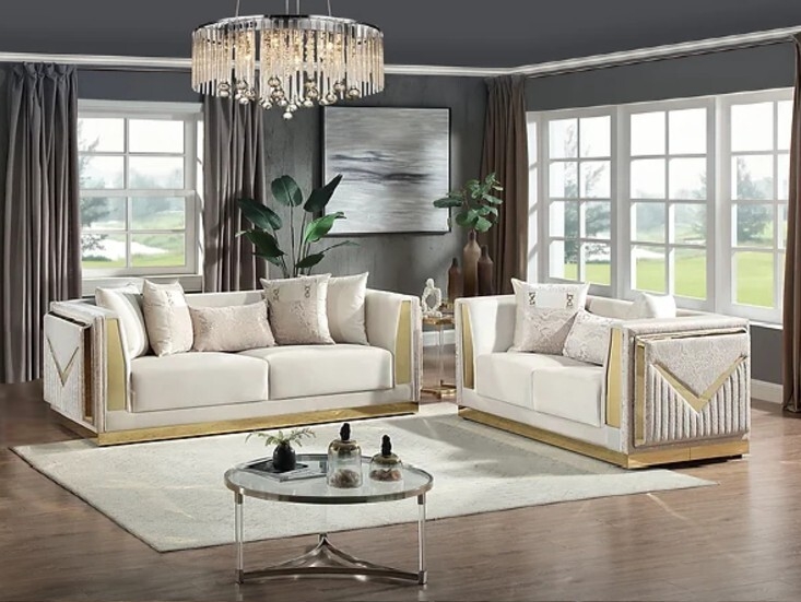 Living Room Set: Contemporary Cream Velvet with Gold Geometric Sled Base