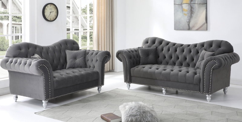 Living Room Set Diamond Tufted Velvet Silver Nailhead Trim Glam