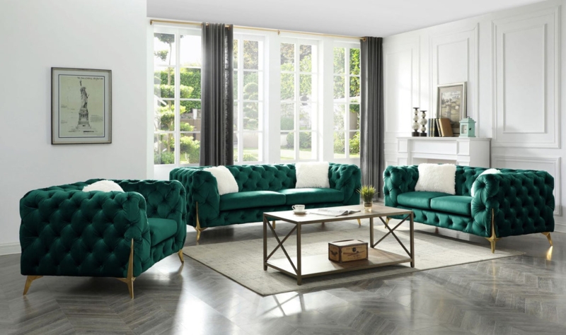 Living Room Set Emerald Green Velvet Tufted with Gold Stiletto Legs