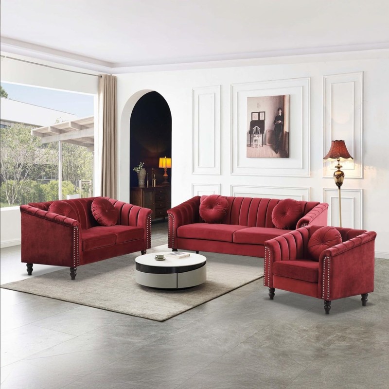 Living Room Set featuring Channel Tufting and Nailhead Trim