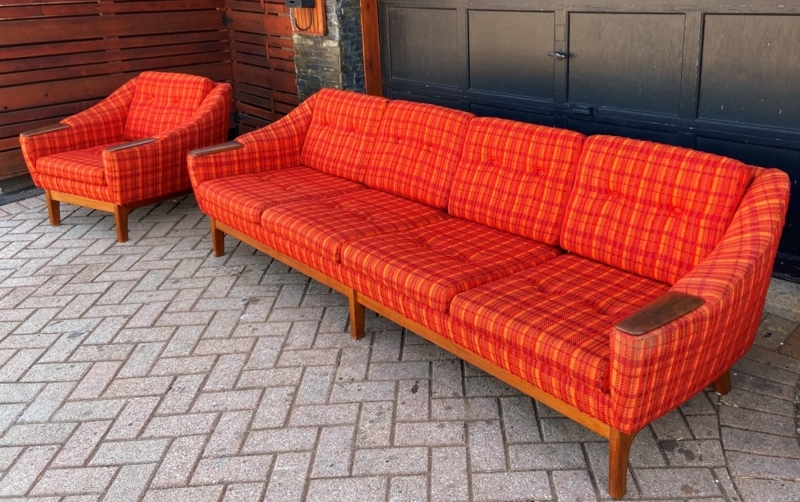Living Room Set Four-Seater Orange Plaid Wood Frame Mid-Century