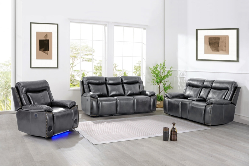 Living Room Set Gray Power Reclining Speakers LED Lighting Nailhead