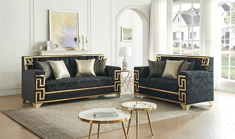 Living Room Set Greek Key Motif Metal Trim Tuxedo Arms