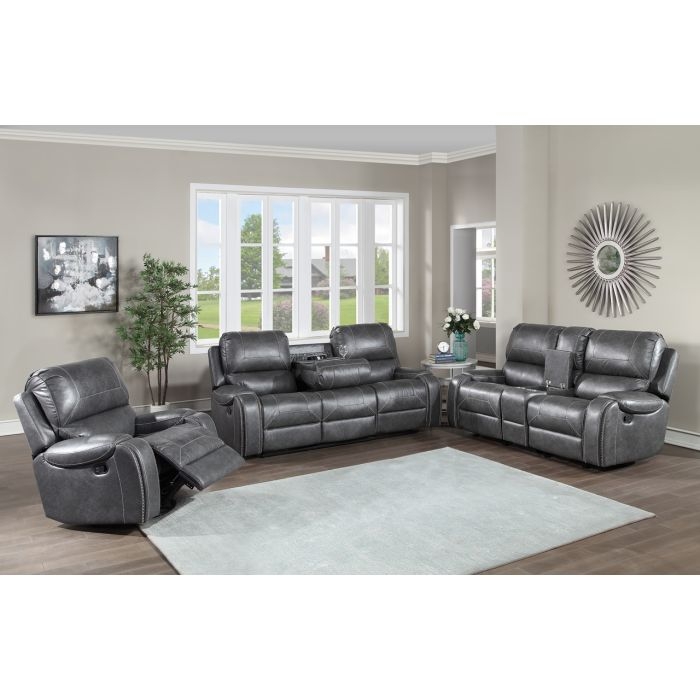 Living Room Set Grey Leather-Like Pewter Nailhead Trim