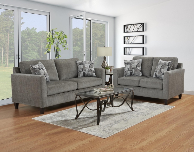 Living Room Set Grey Textured Upholstery Track Arms Transitional Style
