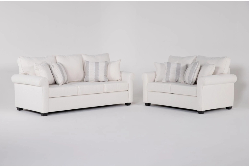 Living Room Set Ivory Sofa Loveseat Rolled Arms Striped Pillows