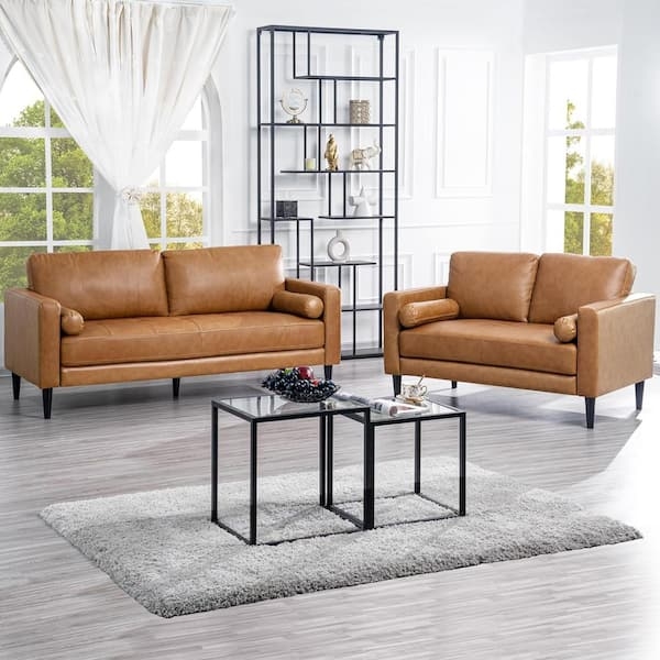 Living Room Set Mid-Century Tan Leather-Like Square Arm
