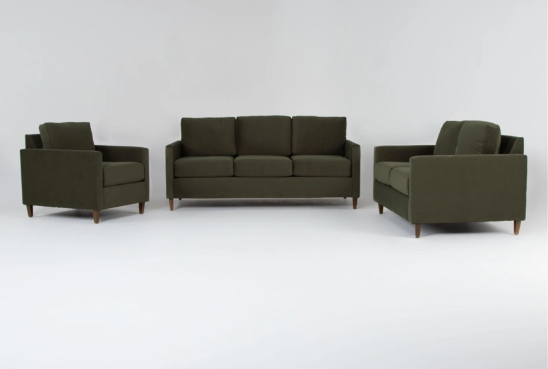 Living Room Set Olive Green Velvet 3 Piece Mid Century Track Arms