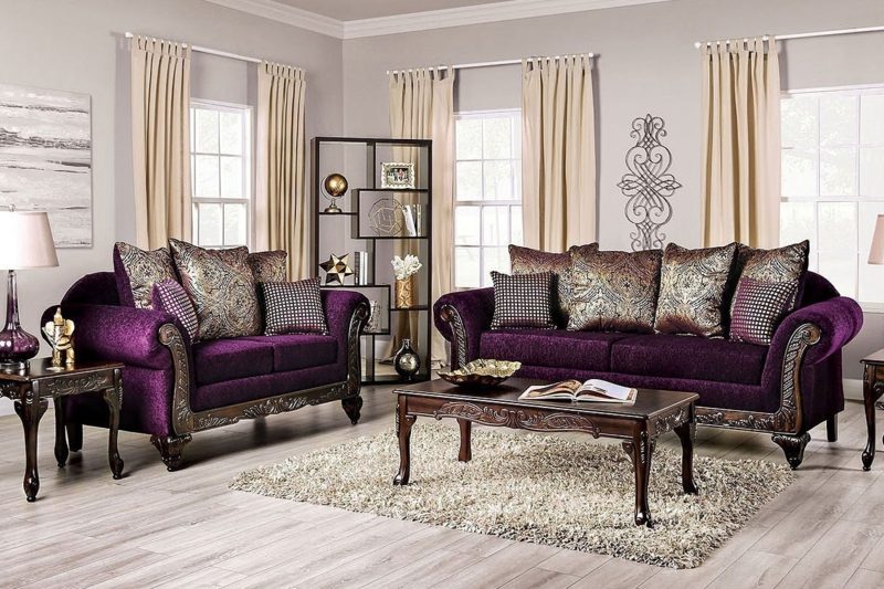 Living Room Set Purple Upholstery Carved Wood Frame Ornate Traditional