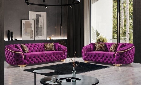 Living Room Set Purple Velvet Diamond Tufting Gold Trim Glam