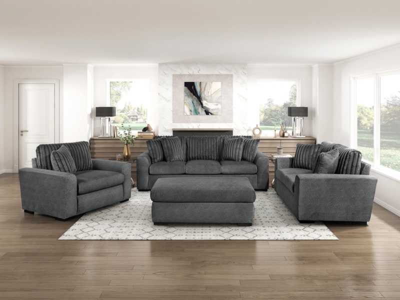 Living Room Set Ribbed Back Pillows Dark Gray Track Arms