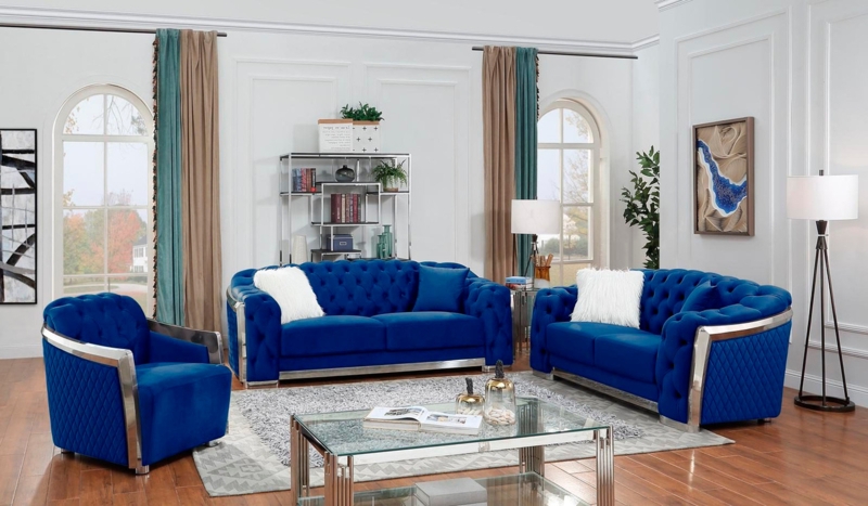 Living Room Set Royal Blue Velvet with Chrome Wraparound Frame