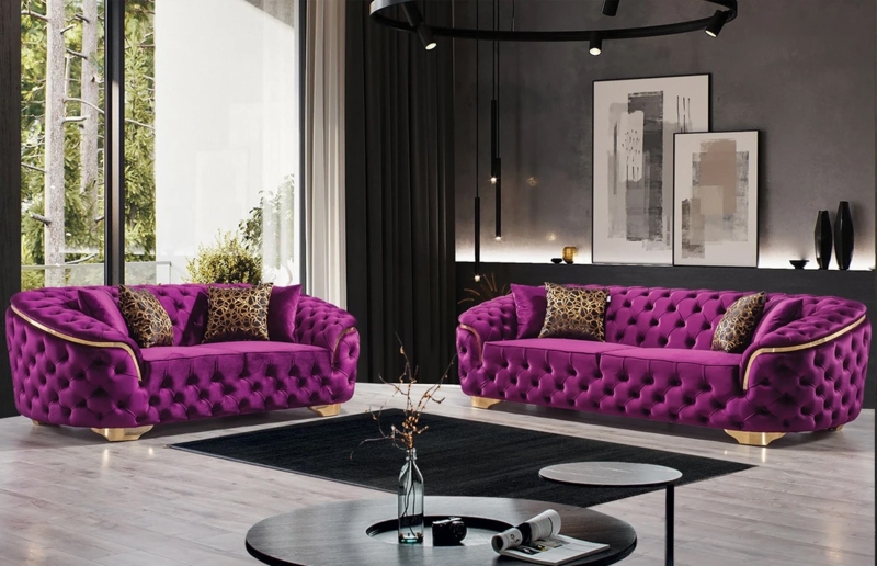 Living Room Set Velvet Button Tufted Gold Arm Trim Chesterfield