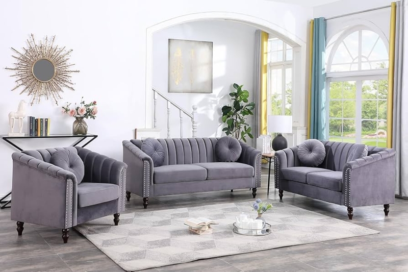 Living Room Set Vertical Channel Tufted Velvet Nailhead Trim