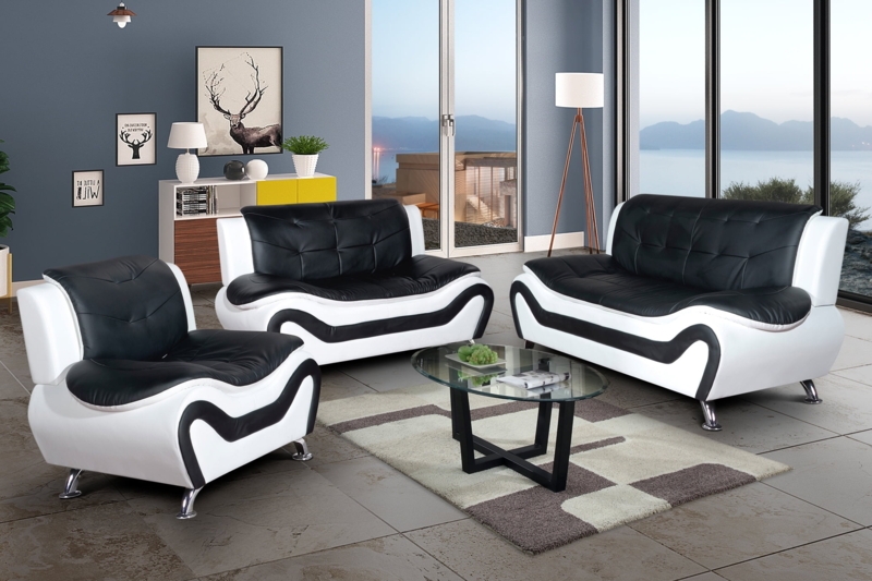 Living Room Set Wave-Like Curves Black White Faux Leather