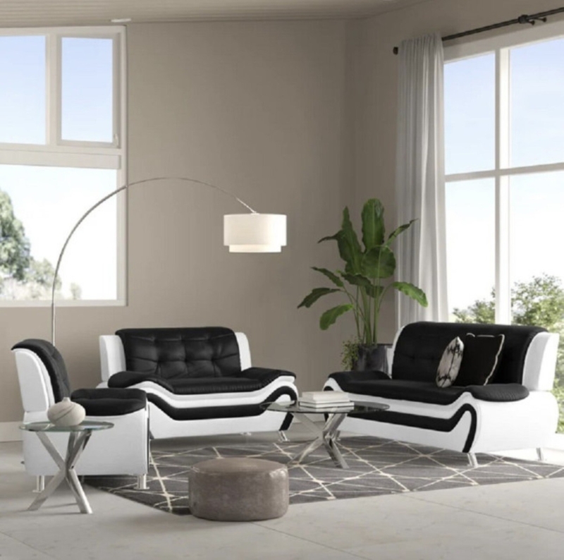 Living Room Set Wavy Base Design Tufted Faux Leather