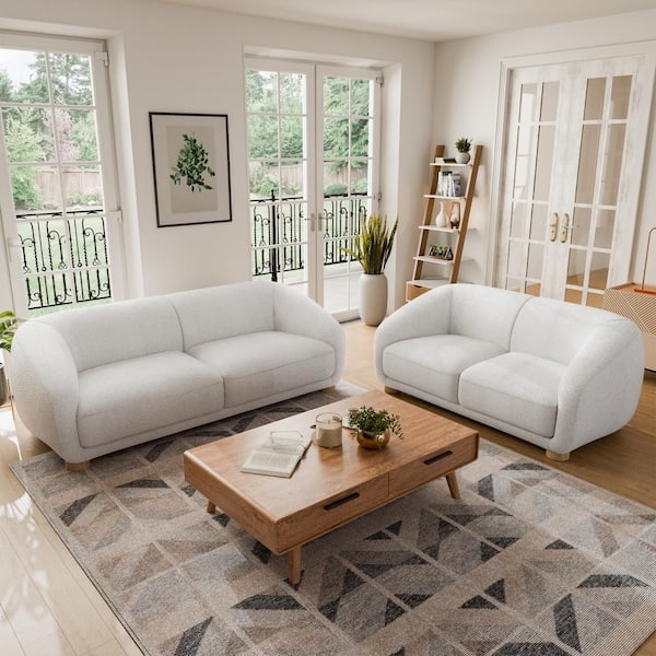 Living Room Set White Boucle Texture Curved Arms Minimalist