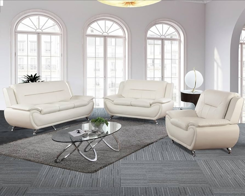 Living Room Set White Faux Leather with Horizontal Back Stitching