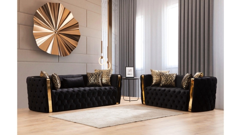 Living Room Set with All-Over Diamond Tufting and Polished Gold End Panels