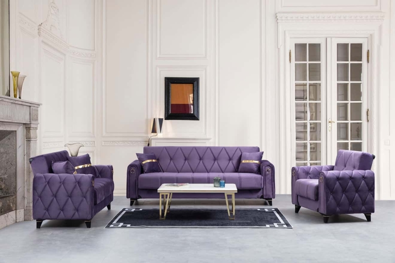 Living Room Set with Diamond Tufting, Square Arms, and Gold Accents