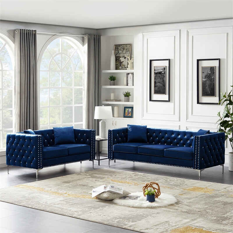 Living Room Set with Jeweled Tufting and Silver Nailhead Trim