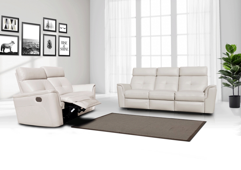Living Room Set with Manual Recliners, Off-White Leather Look Sofa