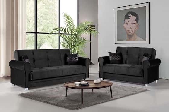 Living Room Set with Rolled Arms and Silver Legs in Black