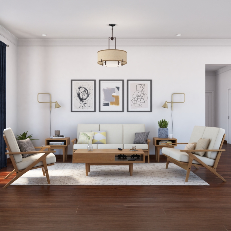 Living Room Set with Tapered Legs, Teak Frame & Charcoal Upholstery.