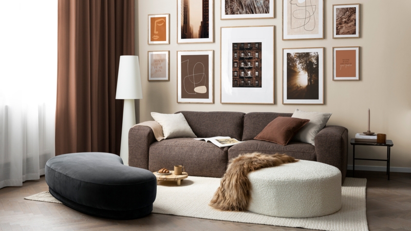 Living Room with Boucle Ottoman Styling and Gallery Wall