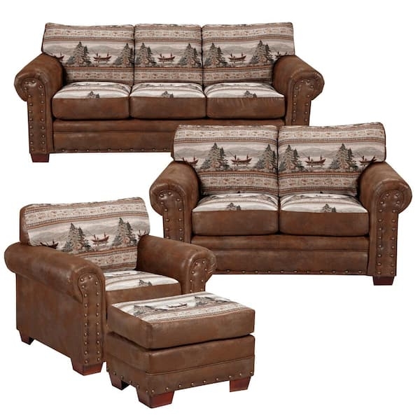 Lodge Living Room Set with Mountain Landscape Upholstery