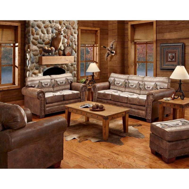 Lodge Living Room Set with Tapestry Cushions and Nailhead Trim
