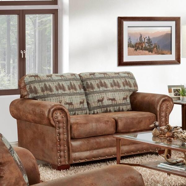 Lodge Style Loveseat featuring Woodland Print with Teal Accents