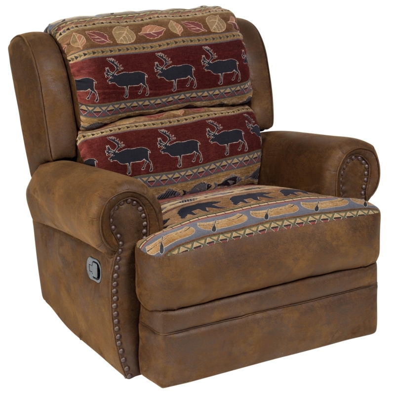 Lodge Style Recliner with Woven Canoe and Bear Motifs and Manual Lever