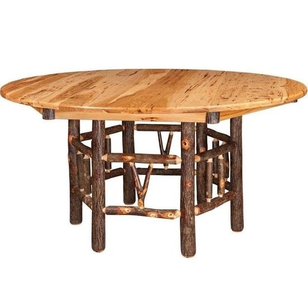Lodge Style Round Dining Table Bark Textured Legs Smooth Plank Top