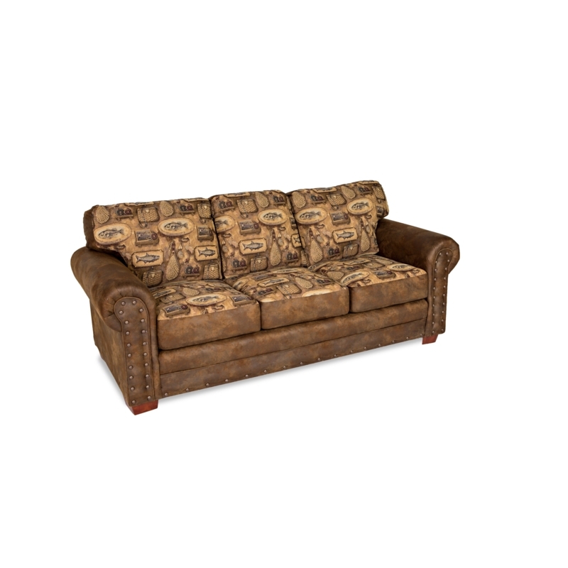 Lodge Style Sleeper Sofa with Rustic Fish Pattern and Bun Feet