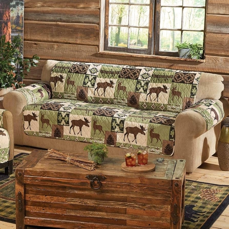 Lodge Style Sofa Cover with Quilted Moose and Deer Print