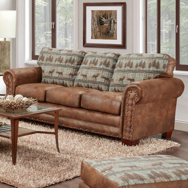 Lodge Style Sofa with Deer Tapestry and Nailhead Accents