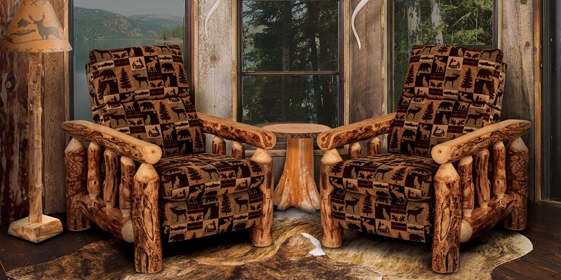 Log Armchair with Wildlife Tapestry and Cabin Style Details