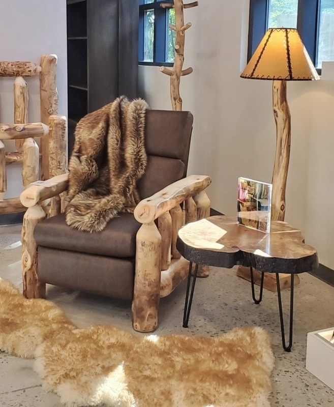 Log Frame Recliner Chair in Cabin Setting with Faux Fur Throw Blanket