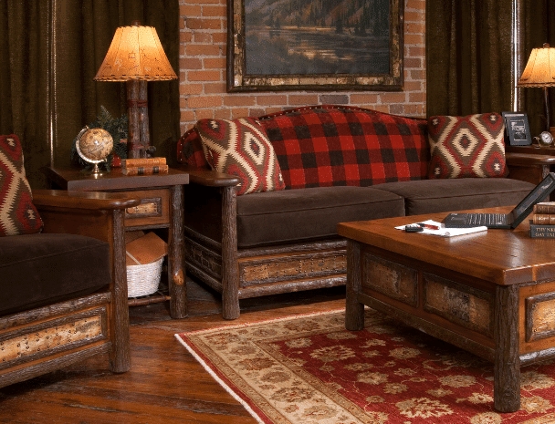 Log Furniture Set featuring Red Buffalo Plaid Upholstery