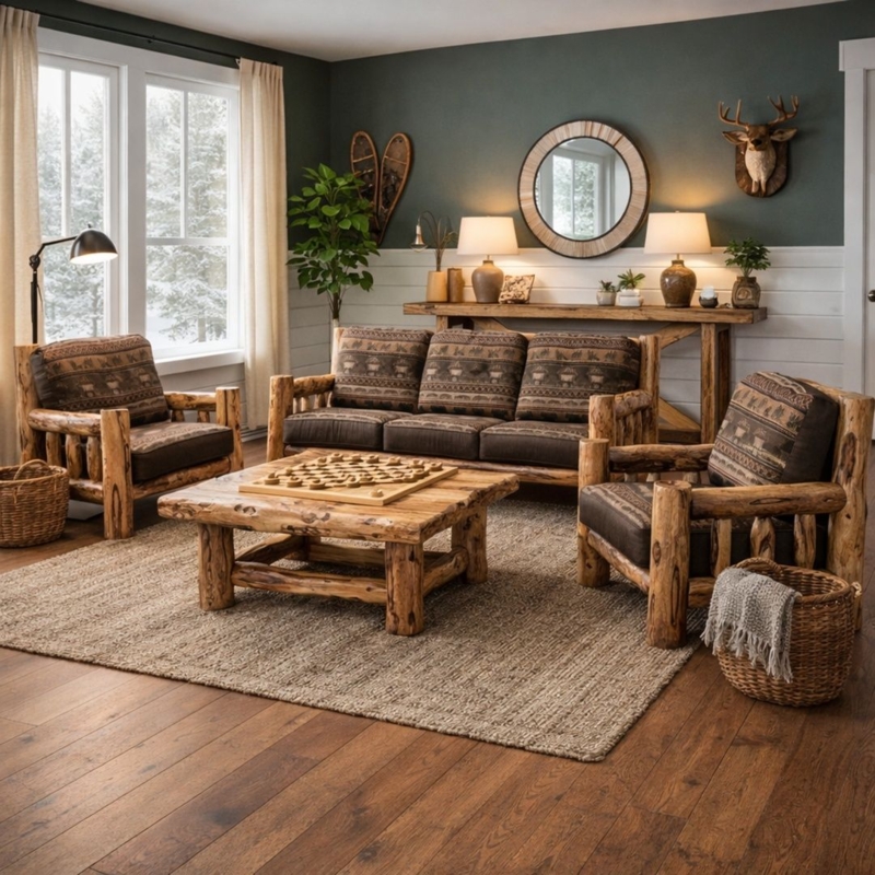 Log Living Room Set with Wildlife Pattern Cushions and Cabin Decor