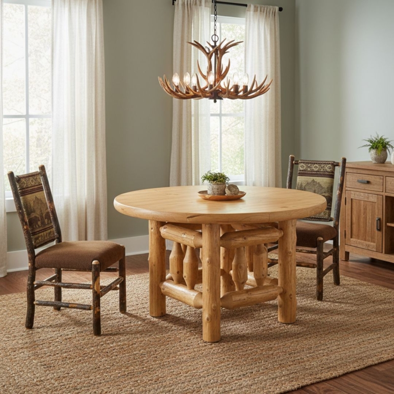 Log Pillar Base Dining Table Cabin Style Wood Toned Natural Finish