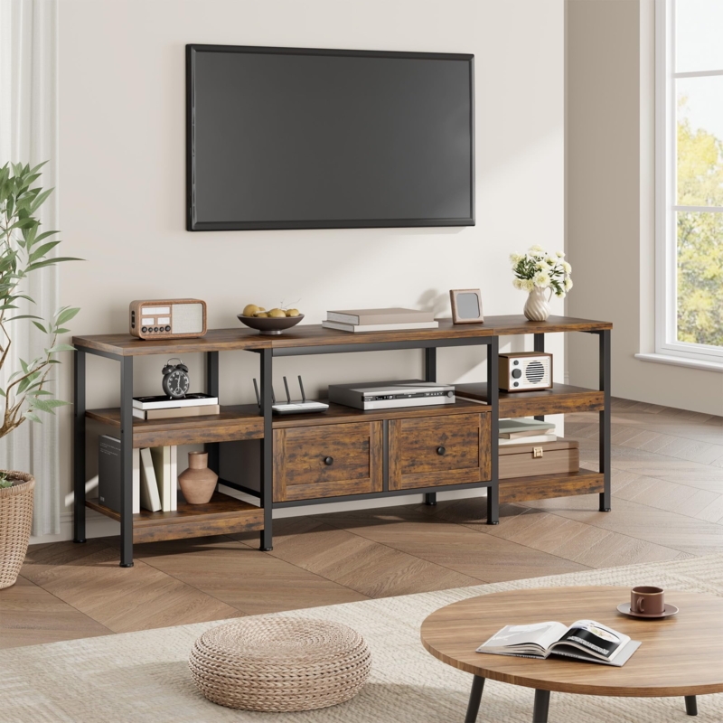 Long Entertainment Center with Rustic Wood and Central Drawers
