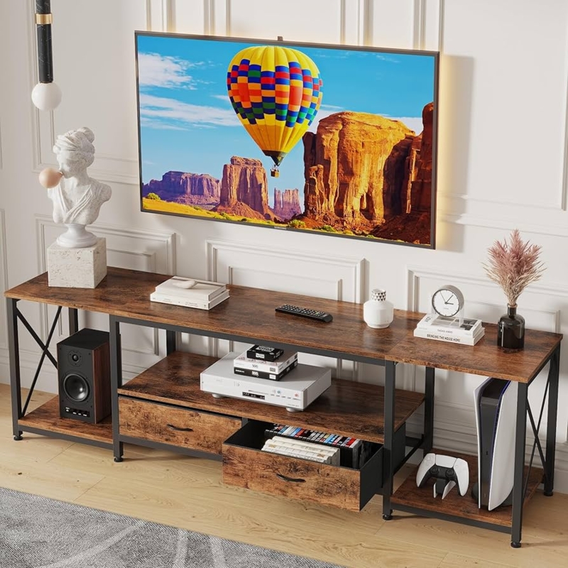 Long Industrial Tv Stand with Dual Storage Drawers