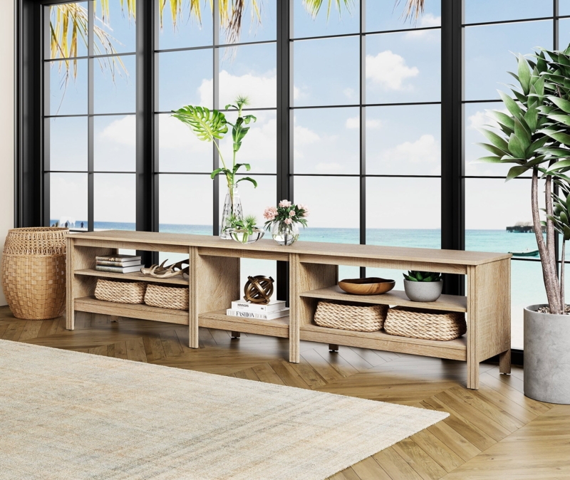 Long Profile TV Stand with Open Compartments and Oak Toned Finish