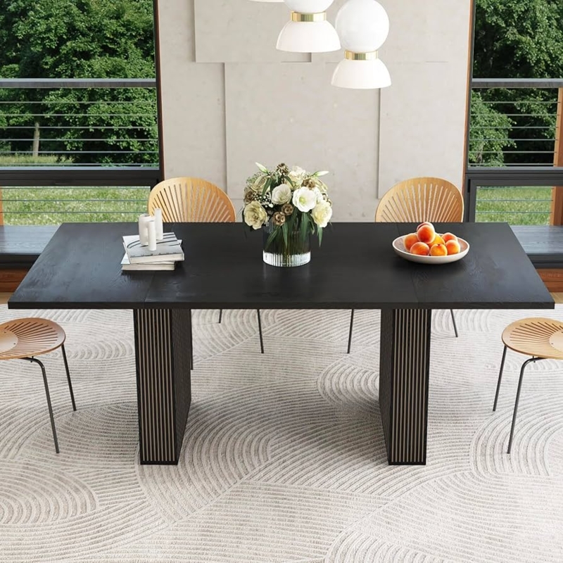 Long Rectangular Dining Table with Matte Black Ribbed Pedestal Base