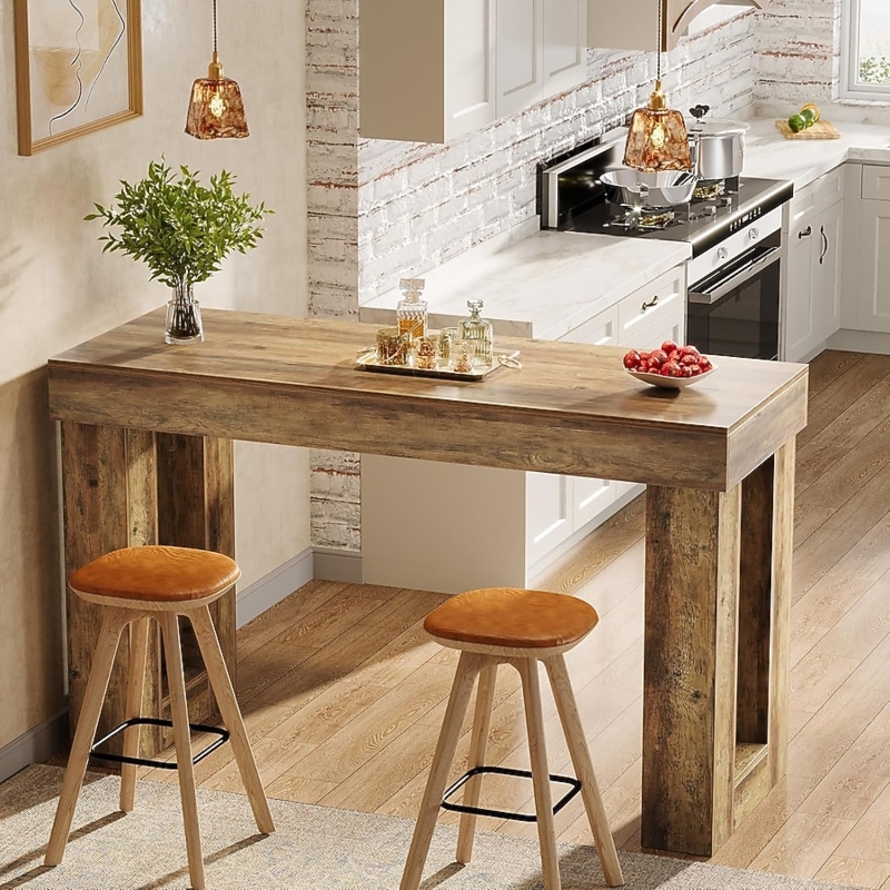 Long Rustic Bar Table: Chunky Rectangular Base & Distressed Finish