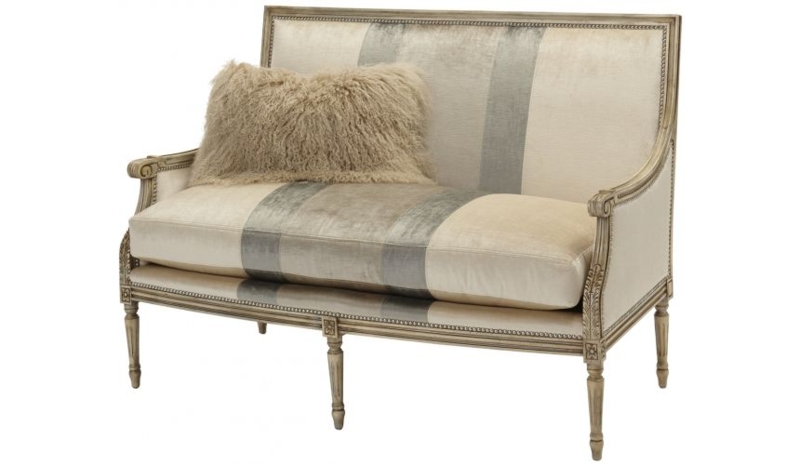 Louis XVI Style Striped Settee with Antiqued Carved Frame